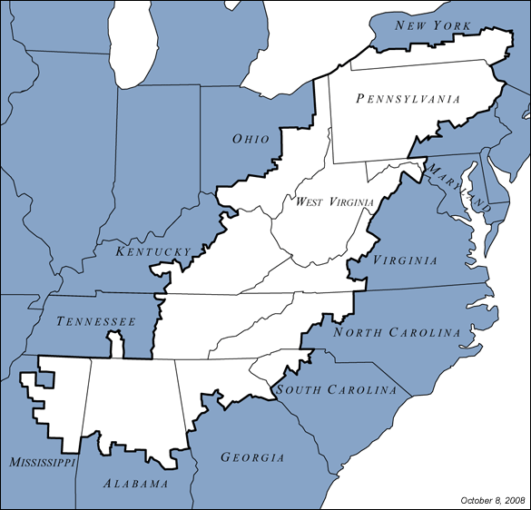 Map showing the ARC region within the eastern United States