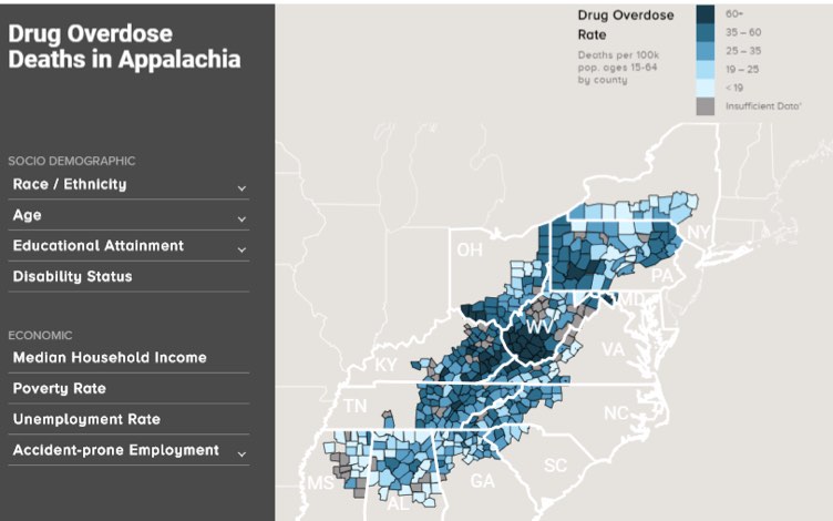 Screenshot of the Appalachian Overdose Mapping Tool